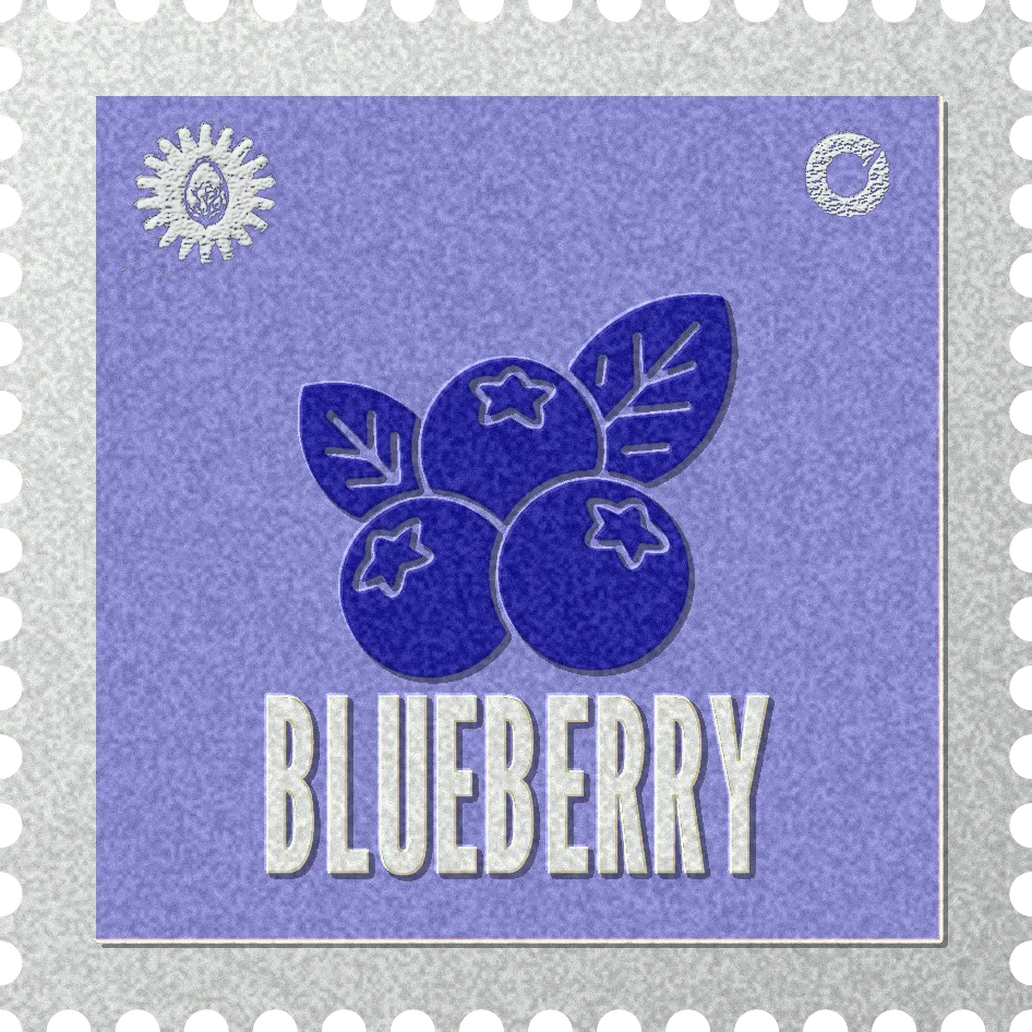 Blueberry stamp, No. 73 in the Official Cannabis collection: three blueberries with crowns on lavender